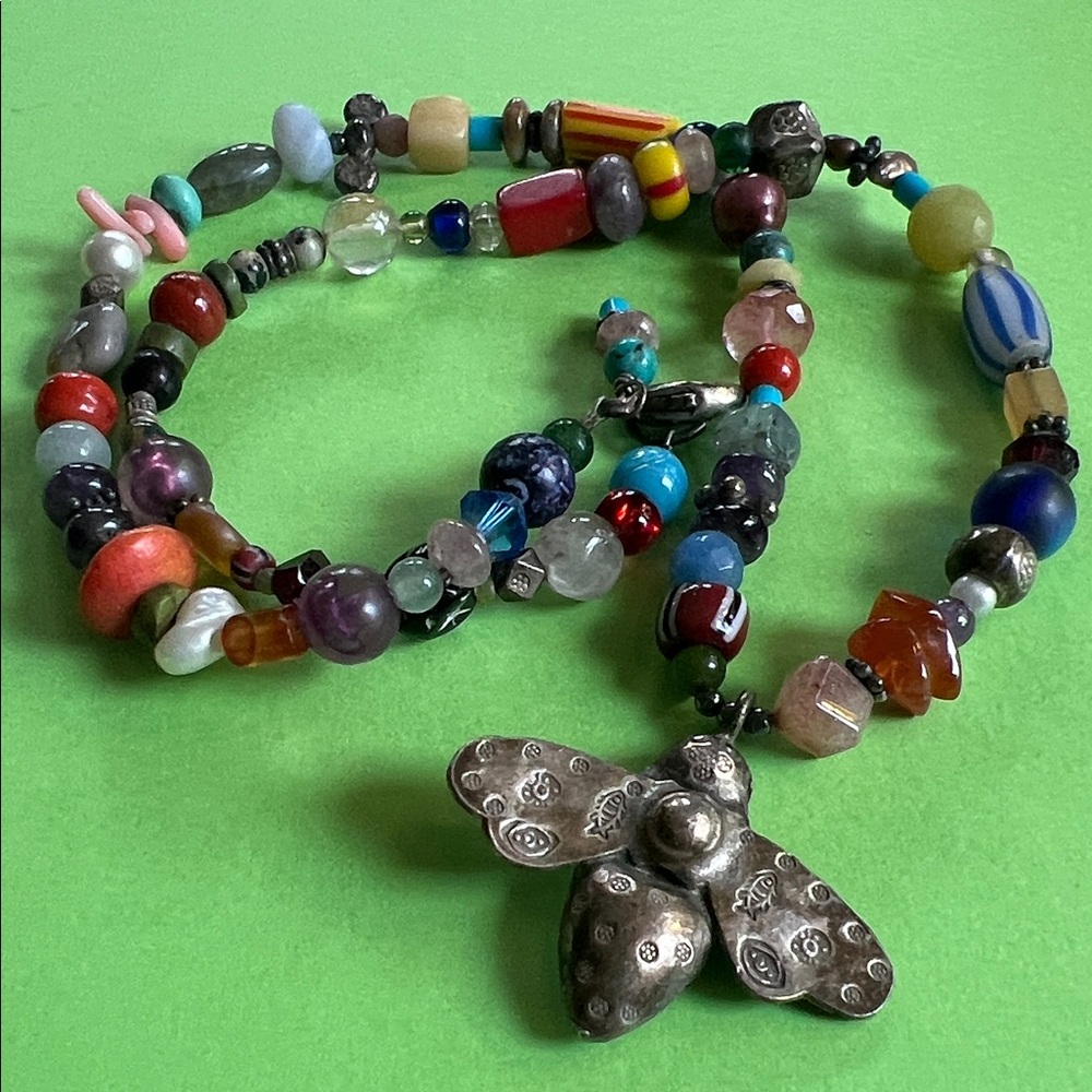 Colorful Beaded Necklace with Silver Bee Pendant